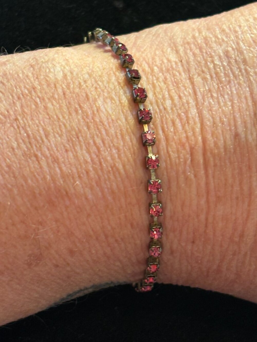 Vintage Silver Tone Cup Chain Pink Rhinestone Tennis Bracelet